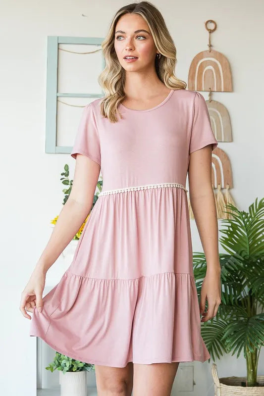 Full Size Solid Mini Tiered Dress with Pompom Lace Plus Size in Dusty Rose - product view 3
