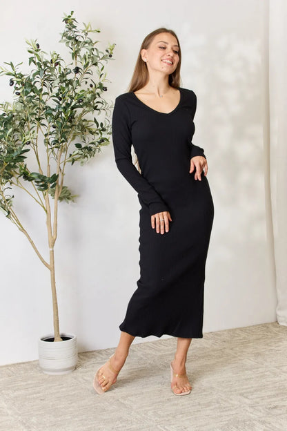 Full Size Ribbed Long Sleeve Midi Slit Dress in Black - product view 6