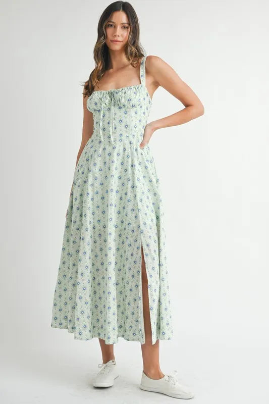 Floral Print Bustier Back Lace Up Midi Dress - Mint - product view 1