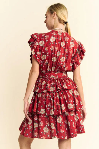 Ruffle Flutter Sleeve Tie Belt Tiered Mini Dress in Orange Rust - product view 6