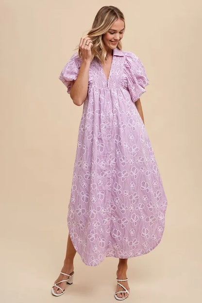 Floral Smock Detail Puff Sleeve Dress in Pink Purple - product view 5