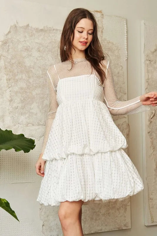 Checker Print Side Pockets Textured Mini Dress in White - product view 2