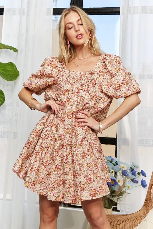 Floral Square Neck Puff Sleeve Dress - Orange - product view 1