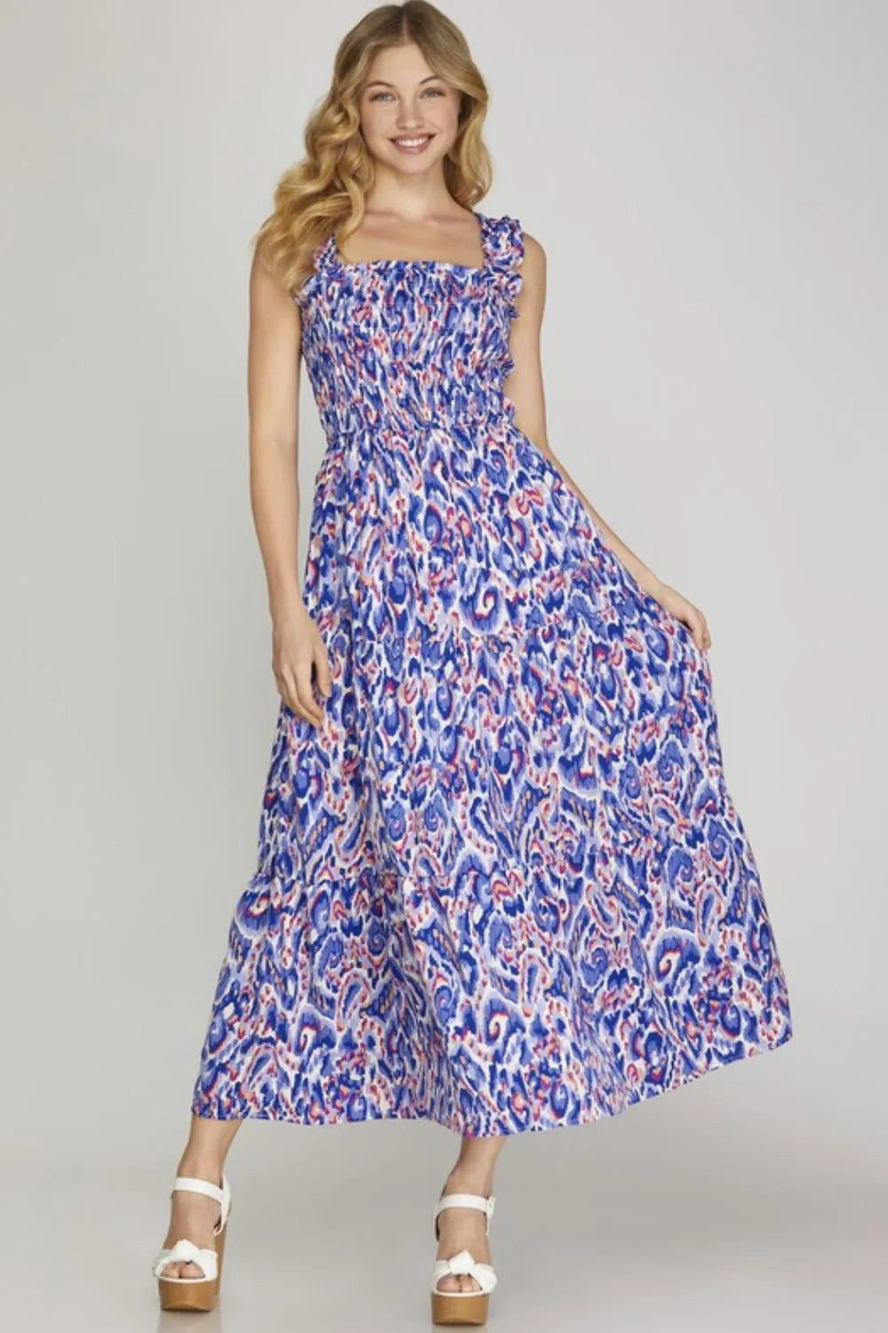 Full Size Smocked Printed Wide Strap Tiered Dress Plus Size - Royal Blue - product view 1