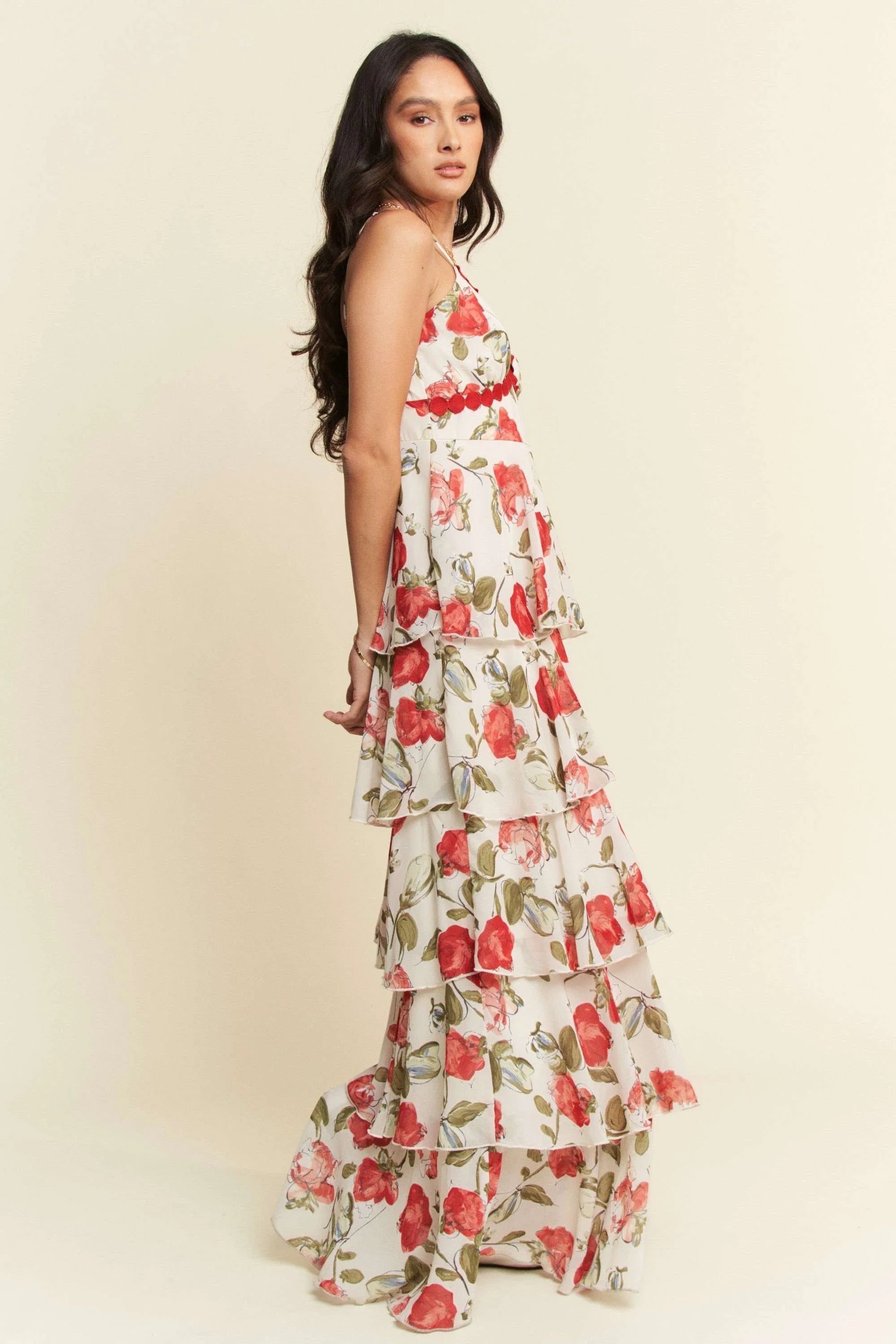 Contrast Ring Lace Layered Ruffle Maxi Cami Dress in Ivory Red - product view 5