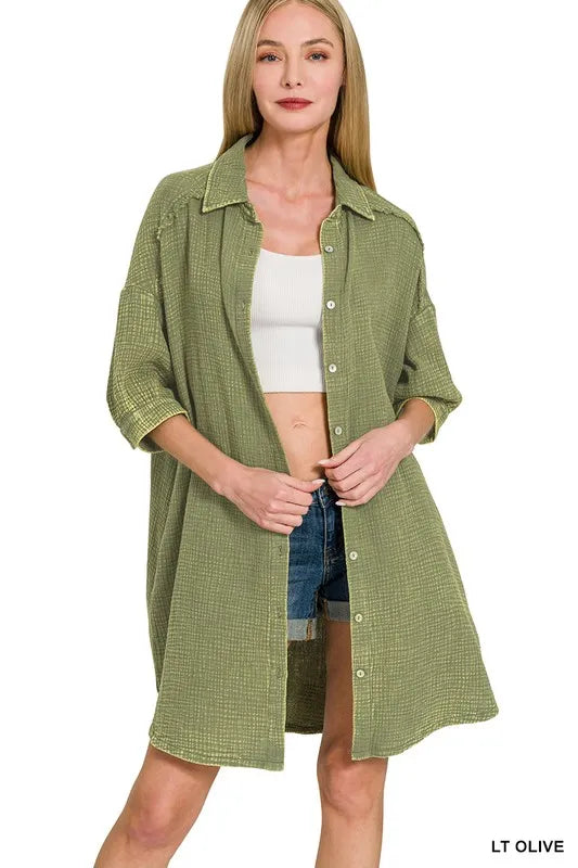 Washed Double Gauze Button Down Shirt Dress - Lt Olive - product view 7