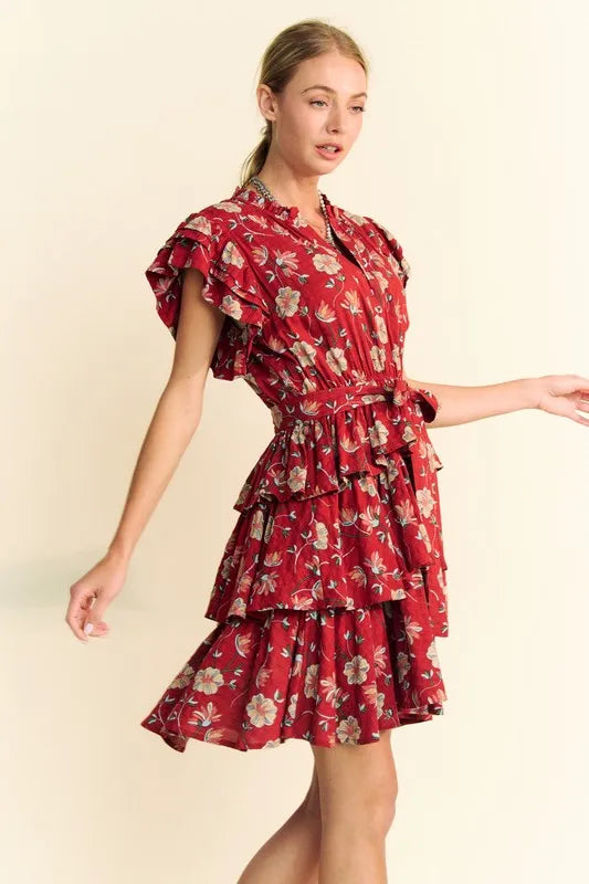 Ruffle Flutter Sleeve Tie Belt Tiered Mini Dress in Orange Rust - product view 5