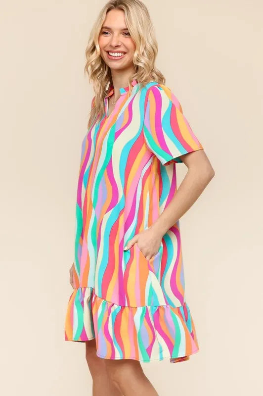 Tiered Woven Ruffle Hem Dress in Yellow/Green/Fuchsia - product view 2
