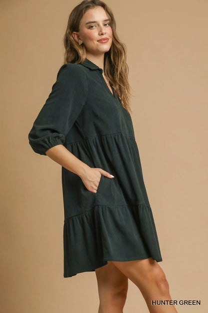 Tiered Johnny Collar Balloon Sleeve Dress in Hunter Green - product view 3