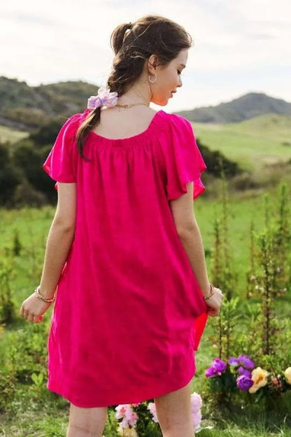 Textured Ruffle Boat Neck Shift Dress in Fuchsia - product view 3