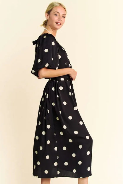 Polka Dot Puff Sleeves Waist Tie Midi Dress in Black - product view 4