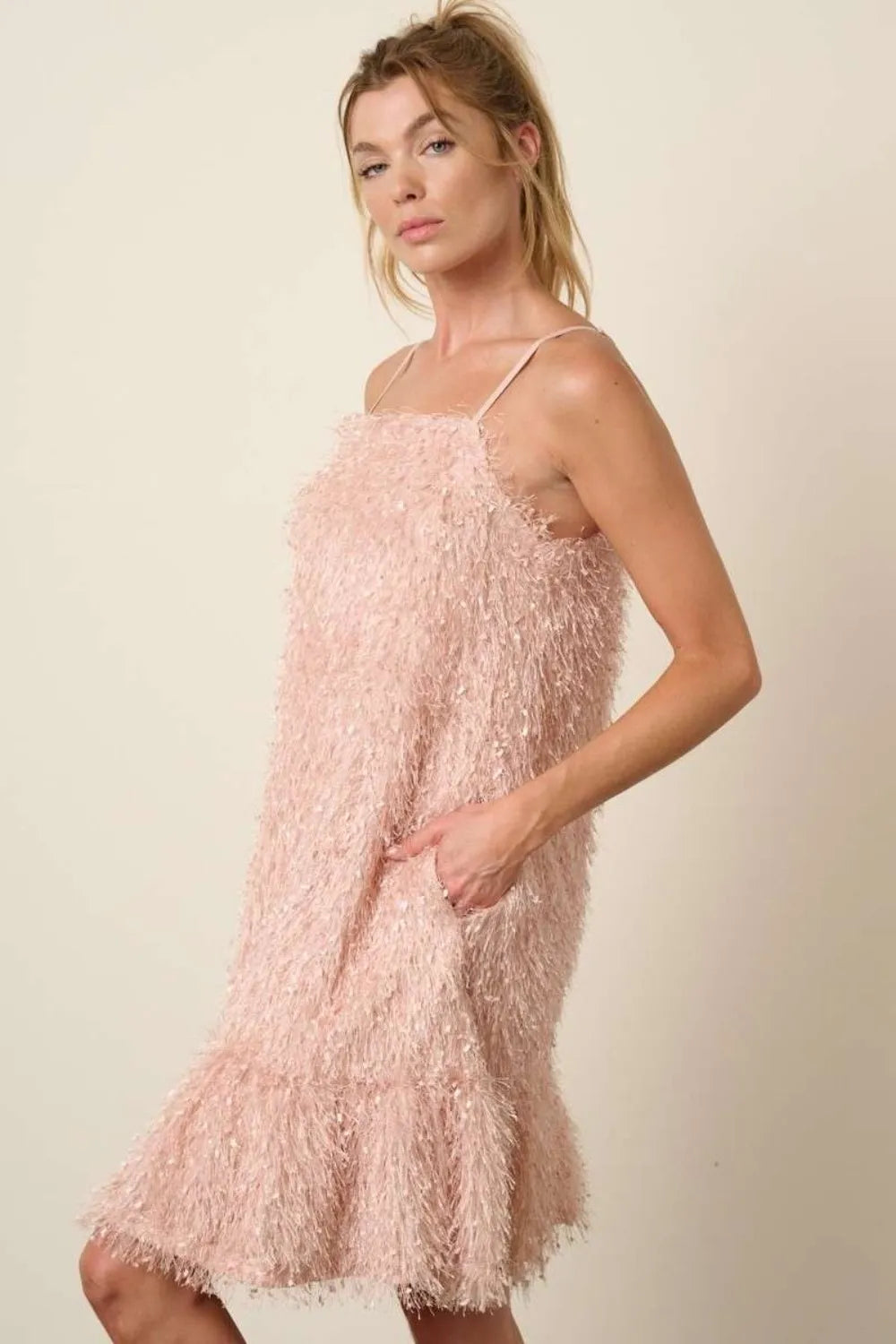 Feather Ruffle Hem Mini Cami Dress - Blush - product view 3