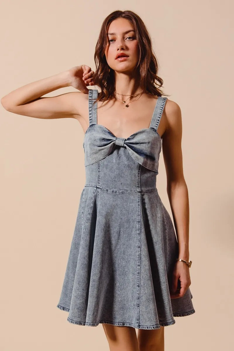 Mineral Washed Bow Ribbon Denim Flare Dress - product view 6