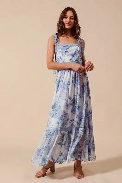 Floral Print Flowy Maxi Dress with Lace Ribbon Tie in Off White/Blue - product view 4