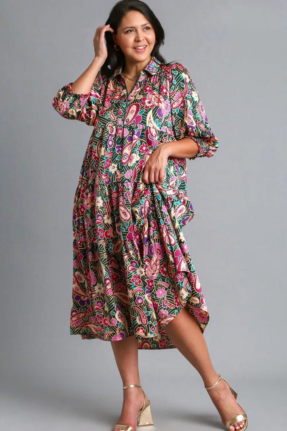 Full Size Paisley Print Satin Tiered Midi Dress Plus Size in Tealgreen - product view 3