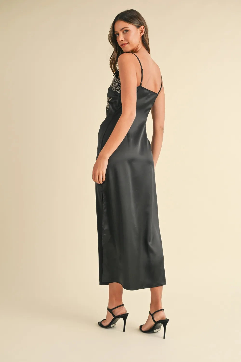 Embroidered Cami Satin Midi Slit Dress in Black - product view 2