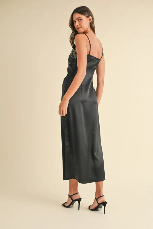Embroidered Cami Satin Midi Slit Dress in Black - product view 2