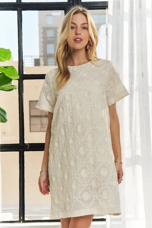 Applique Round Neck Short Sleeve Shift Dress in Beige - product view 7