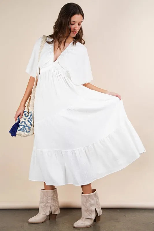 Mineral Washed Elastic Neck Detail Midi Dress in White - product view 5