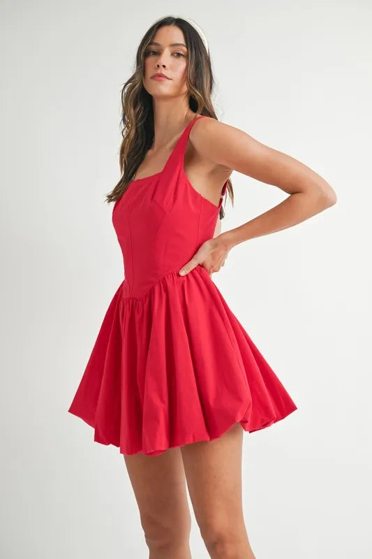 Poplin Square Neckline Bubble Mini Dress in Red - product view 8
