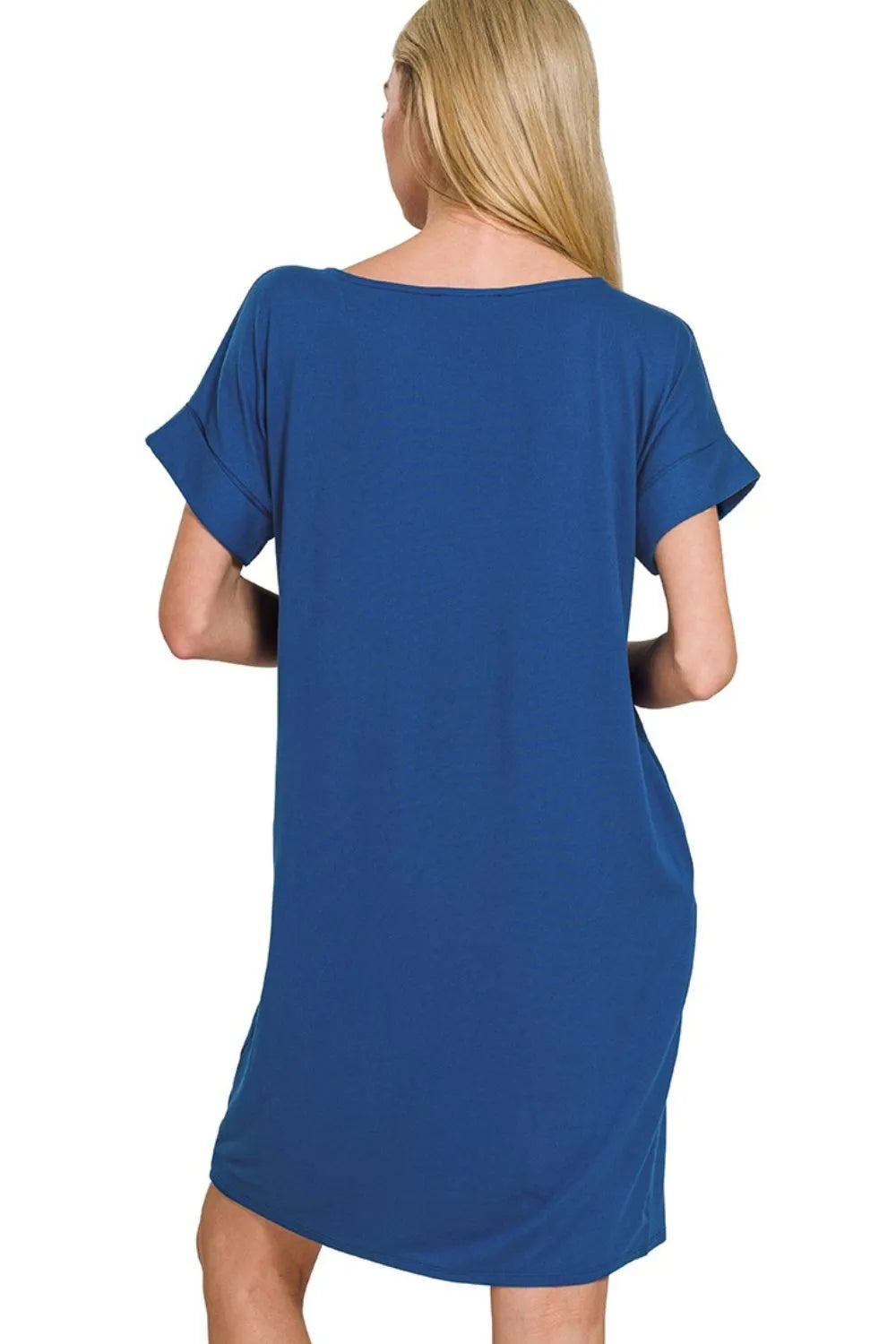 Rolled Short Sleeve Round Neck Dress - Lt Navy - product view 2