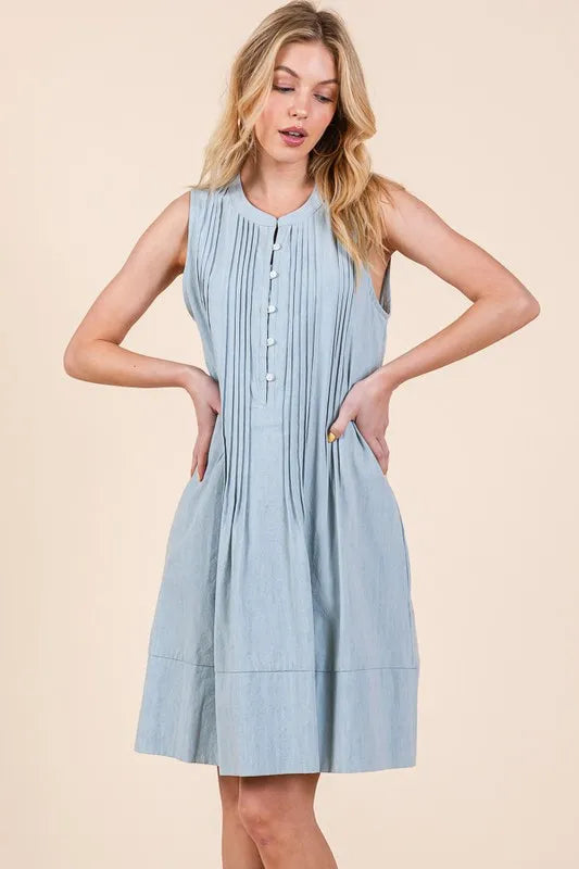 Denim Pintuck Detail Sleeveless Midi Dress in Lt Denim - product view 8