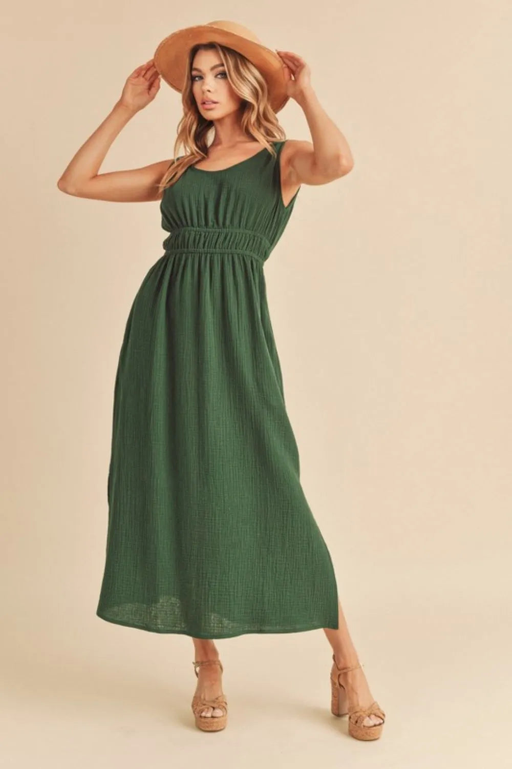 Side Slit Round Neck Sleeveless Tank Dress - Dark Green - product view 1