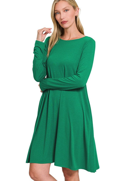 Long Sleeve Flare Dress With Pockets - Forest - product view 4