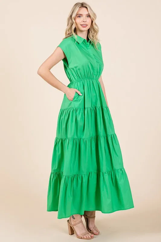 Button Up Collared Tiered Maxi Shirt Dress in Apple Green - product view 3