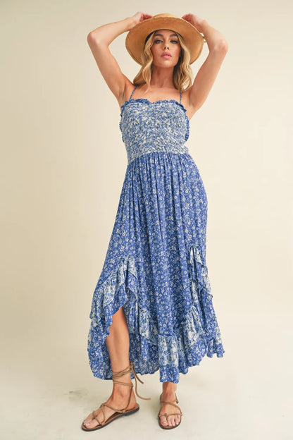 Ditsy Floral Ruffled Hem Maxi Cami Dress in Blue - product view 5