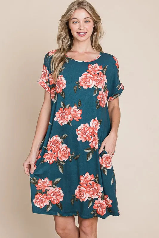 Floral Round Neck Short Tee Dress with Pockets - French Blue - product view 1
