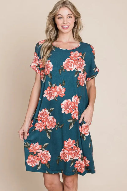 Floral Round Neck Short Tee Dress with Pockets - French Blue - product view 1