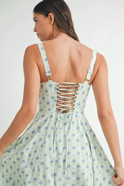 Floral Print Bustier Back Lace Up Midi Dress - Mint - product view 12