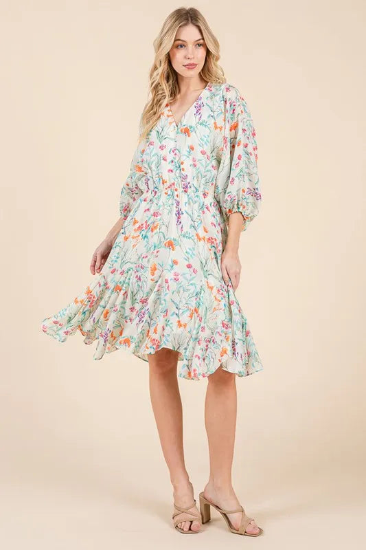 Floral Cinched Waist Balloon Sleeve V-Neck Dress in Ivory Floral - product view 10