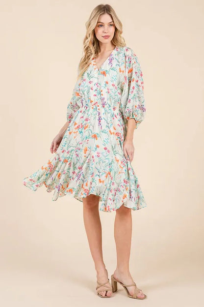 Floral Cinched Waist Balloon Sleeve V-Neck Dress in Ivory Floral - product view 10