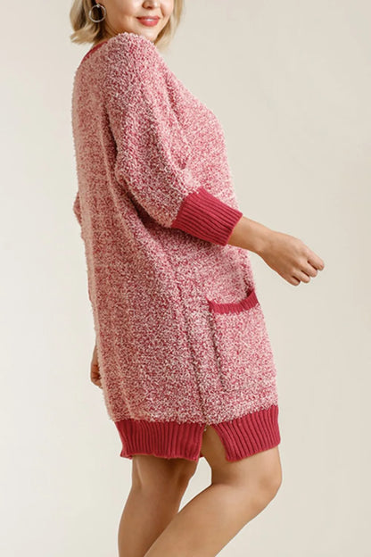 Full Size Ribbed Hem Round Neck 3/4 Sleeve Sweater Dress with Pockets Plus Size - Scarlet - product view 4