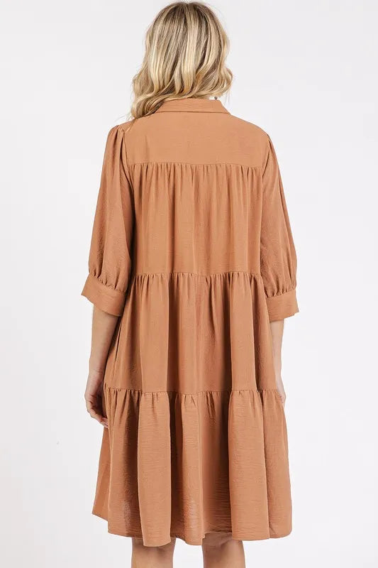 Button Detail Collared Neck Tiered Shirt Dress - Ochre - product view 3