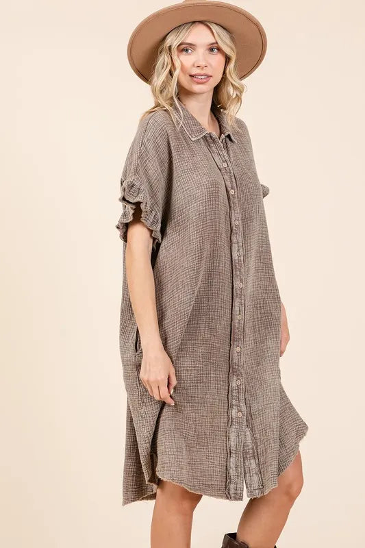 Mineral Wash Cotton Gauze Mini Shirt Dress in Toffee - product view 4