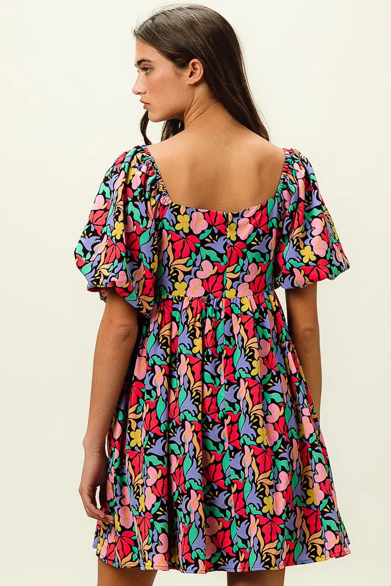 Floral Print Puff Square Neck Dress in Black Multi - product view 5