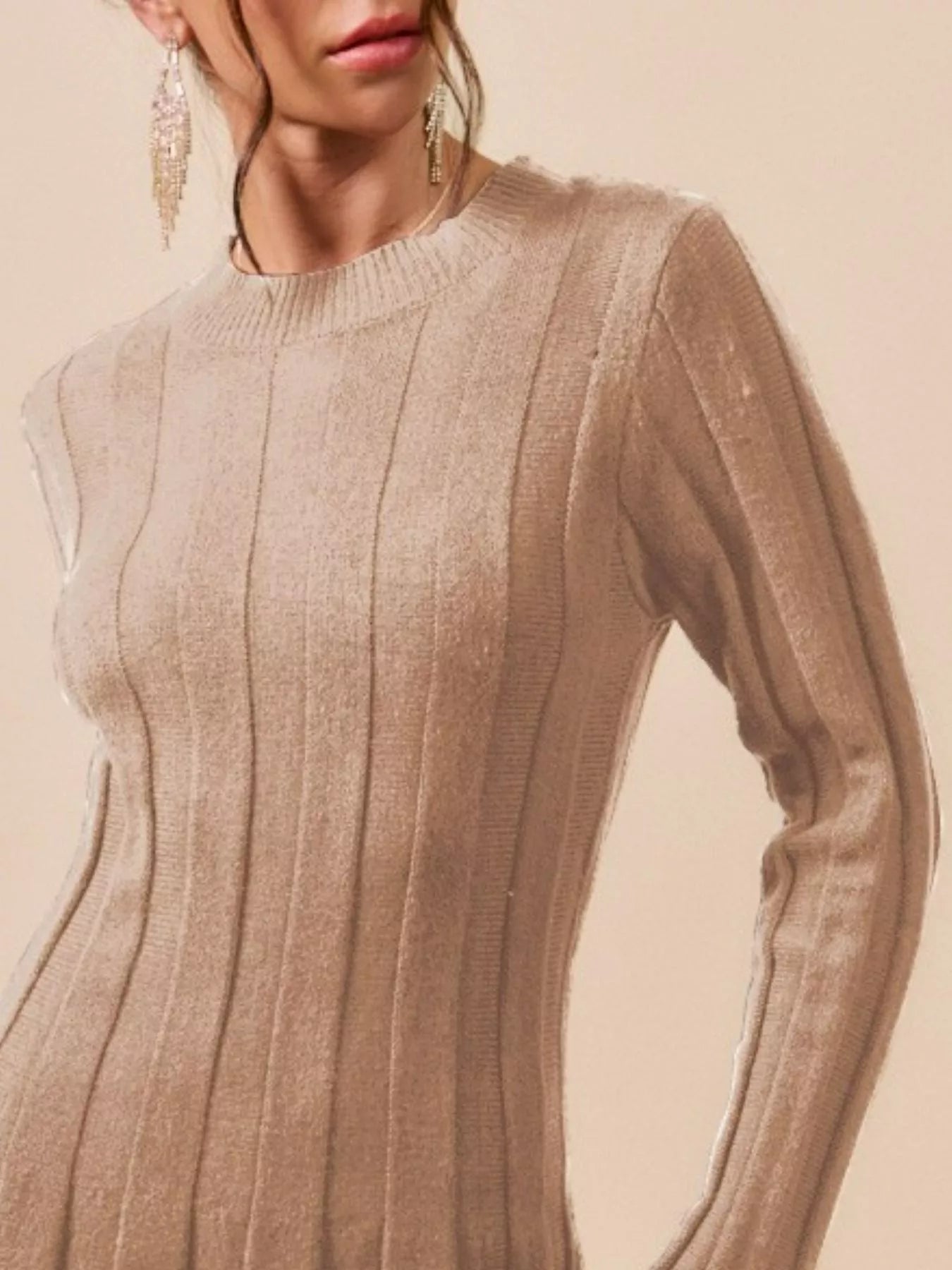 Ribbed Long Sleeve Mini Sweater Dress in Latte - product view 4
