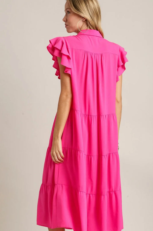 Full Size Johnny Collar Ruffle Cap Sleeve Tiered Dress Plus Size - Hot Pink - Umgee USA - Style 11036 - product view 2