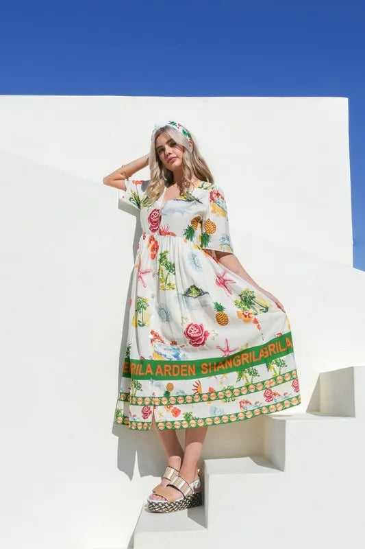 Button Down Printed Midi Dress - Ivory Mix - product view 1