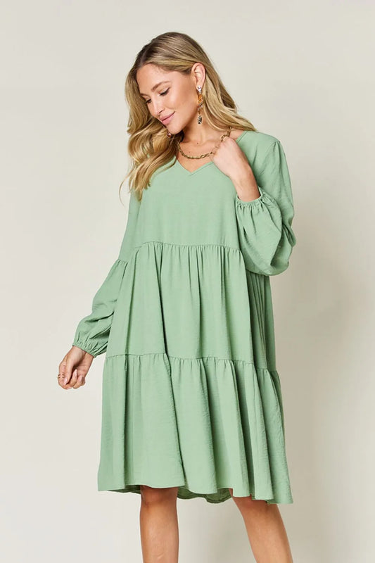 Full Size V-Neck Balloon Sleeve Tiered Dress with Pockets in Light Green, Pink and more - product view 1