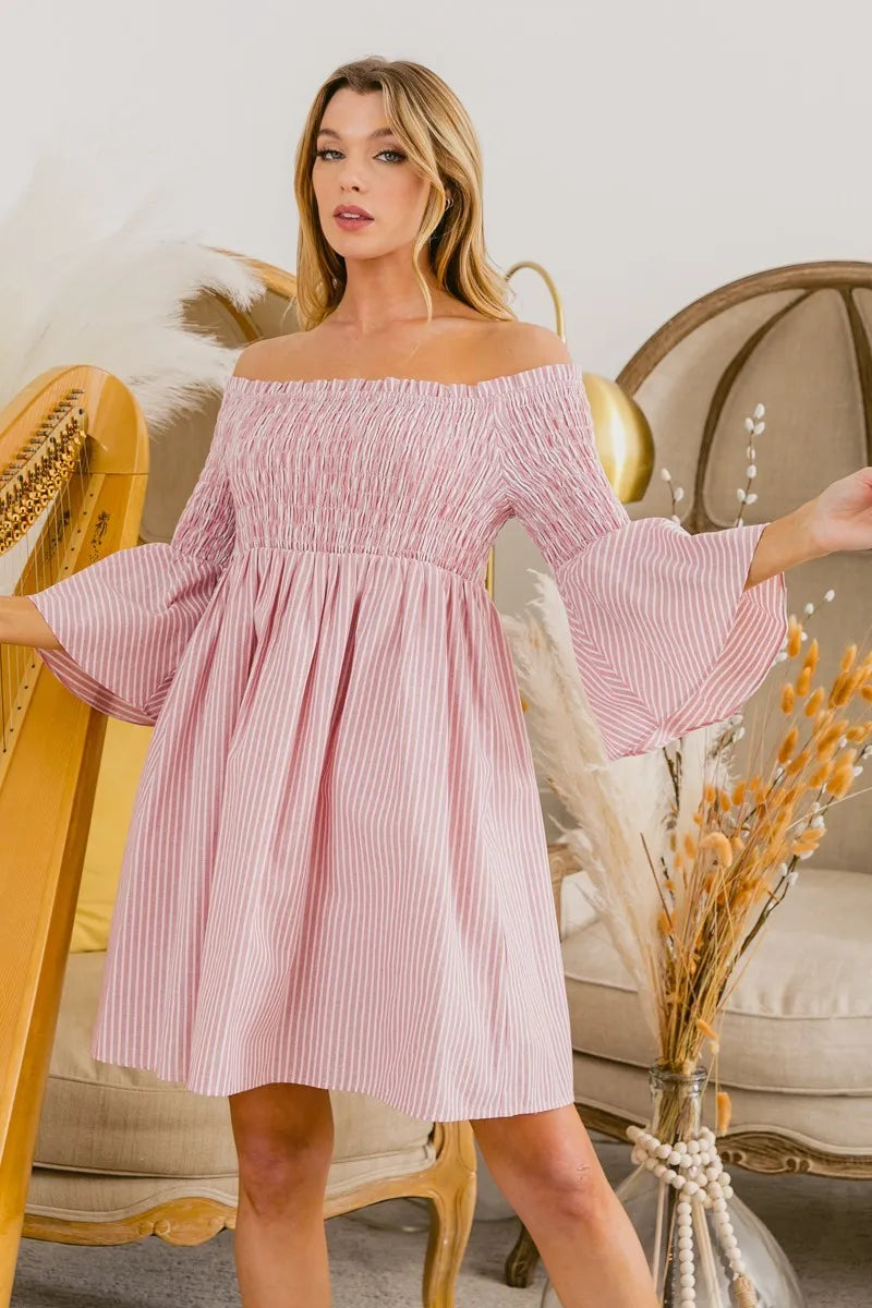 Smocked Off Shoulder Striped Dress - Blush - product view 6