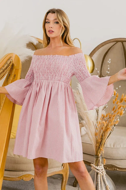 Smocked Off Shoulder Striped Dress - Blush - product view 6