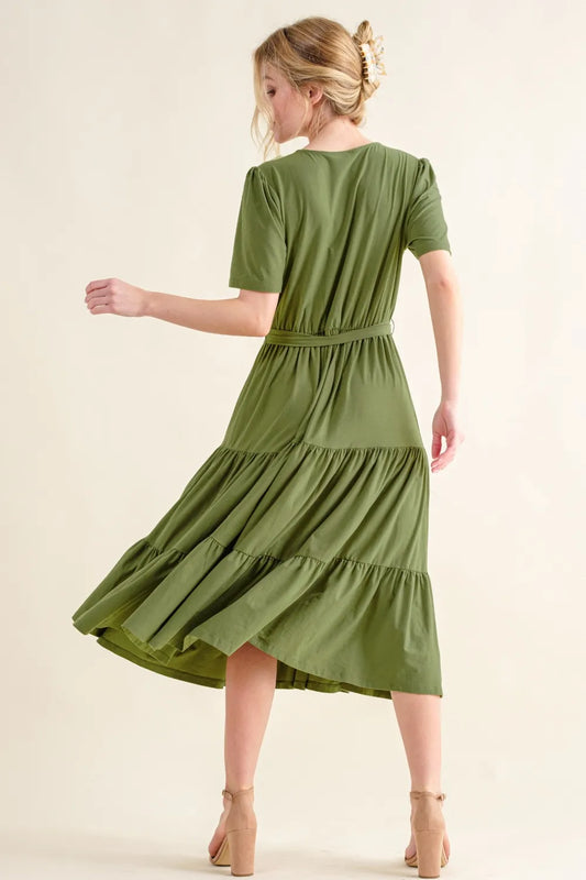 Soft Short Sleeve Tiered Midi Dress in Green - product view 2