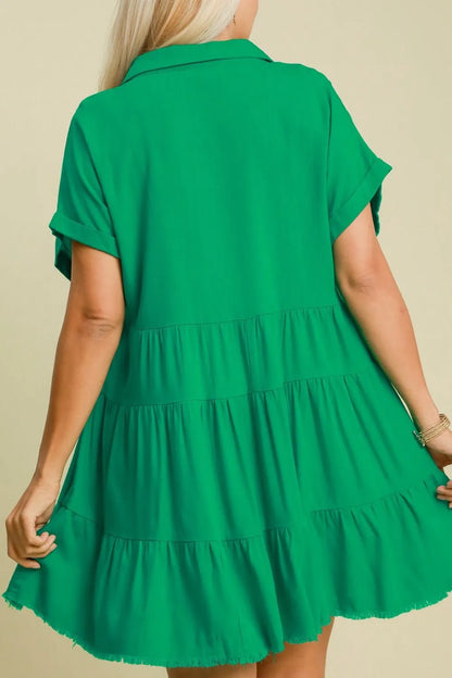 Full Size Raw Hem Folded Sleeve Tiered Dress Plus Size - Green - product view 4