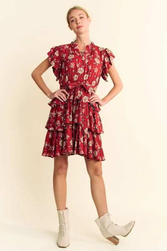 Ruffle Flutter Sleeve Tie Belt Tiered Mini Dress in Orange Rust - product view 7