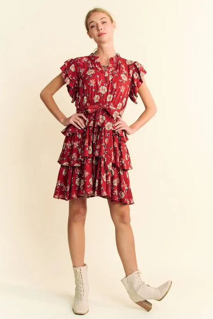 Ruffle Flutter Sleeve Tie Belt Tiered Mini Dress in Orange Rust - product view 7