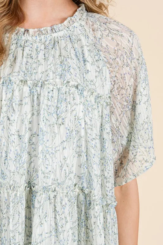 Ditsy Floral Print Sheer Ruffle Detail Mini Dress in Ivory Combo - product view 10